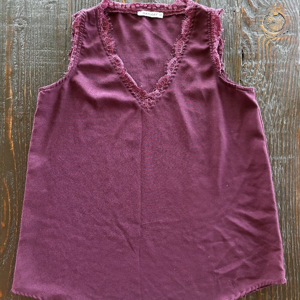 Burgundy Lace Trim V Neck Blouse Size M